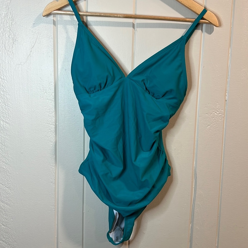 CUPSHE V-NECK AQUA BLUE ONE PIECE WOMEN SWIMSUIT WITH ADJUSTABLE STRAPS